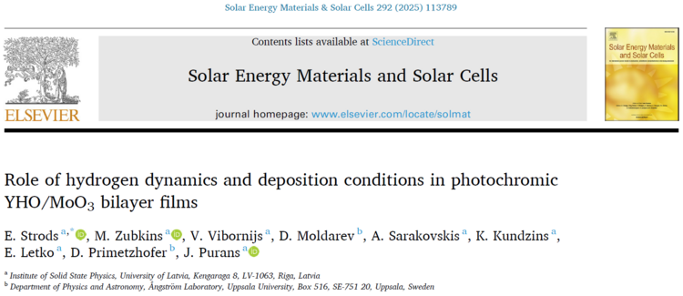 Attēls 9. Publikācijas “Role of hydrogen dynamics and deposition conditions in photochromic YHO/MoO3 bilayer films” titullapa žurnālā Solar Energy Materials & Solar Cells 292 (2025) 113789.