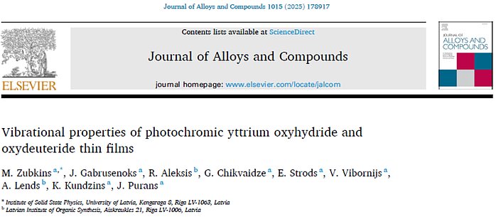 Attēls 8. Publikācijas “Vibrational properties of photochromic yttrium oxyhydride and oxydeuteride thin films” titullapa žurnālā Journal of Alloys and Compounds, 1015 (2025) 178917.