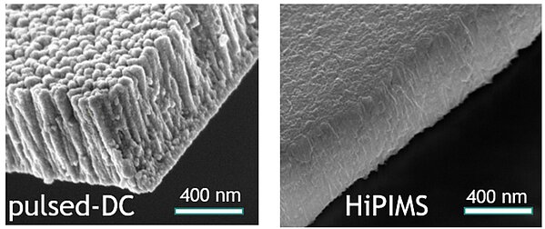 Attēls 4. SEM šķērsgriezuma attēli YHO plānajām kārtiņām, kas iegūtas ar pulsējošās līdzstrāvas magnetrono izputināšanu (pulsed-DC, pa kreisi) un ar augstas jaudas impulsa magnetrono izputināšanu (HiPIMS, pa labi).